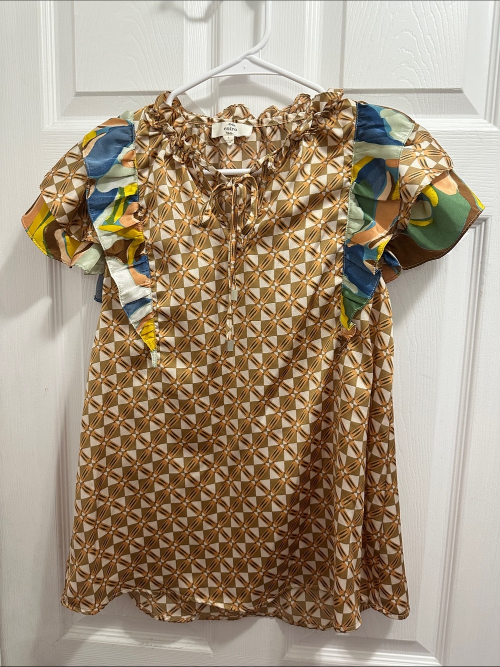 entro Geometric Brown and Multicolor Ruffle Sleeve Blouse